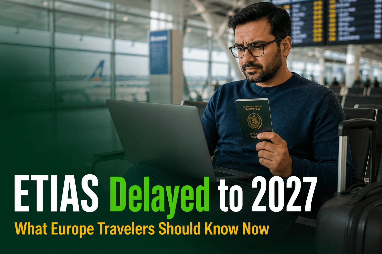 An international traveler checking European travel authorisation news on a laptop with a passport nearby