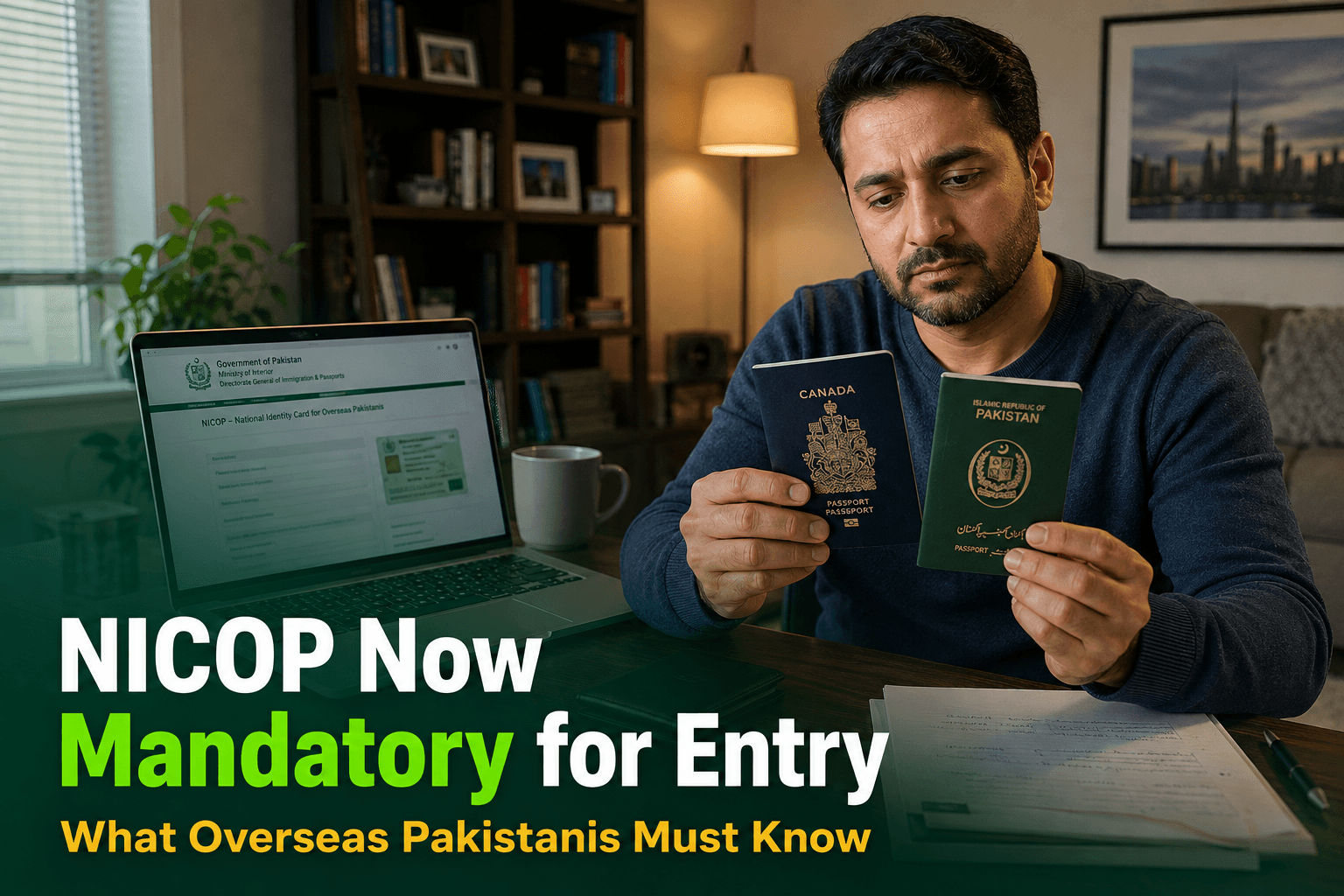 An overseas Pakistani reviewing NICOP documents and a foreign passport before travel
