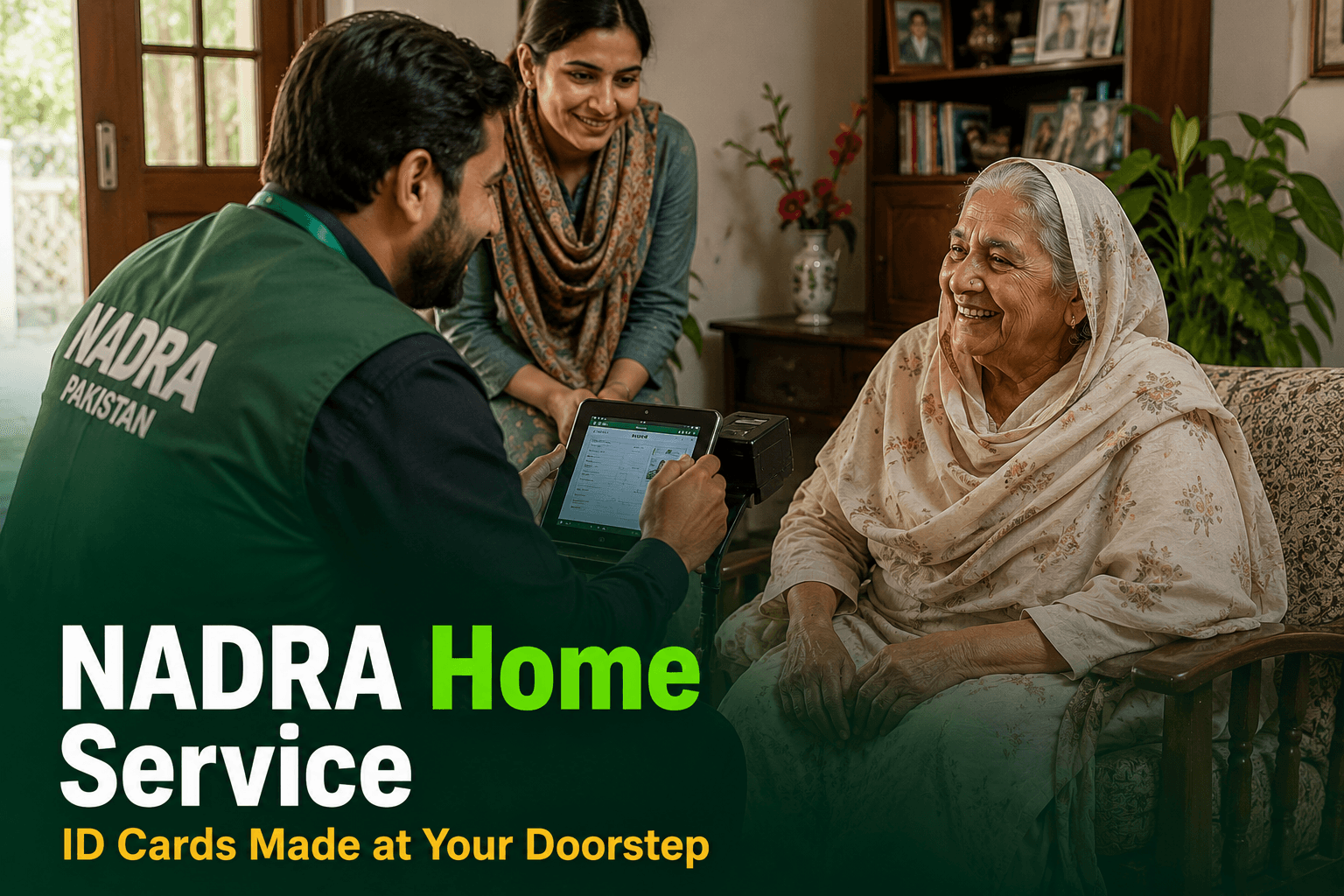 A NADRA mobile team member assisting an elderly Pakistani citizen with identity card verification at home