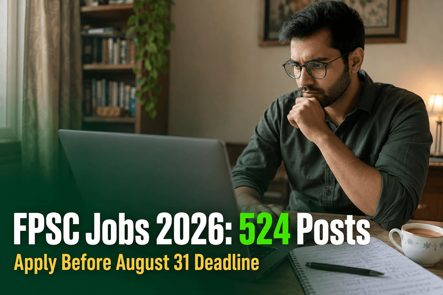 A Pakistani professional reviewing FPSC job advertisement details on a laptop at home