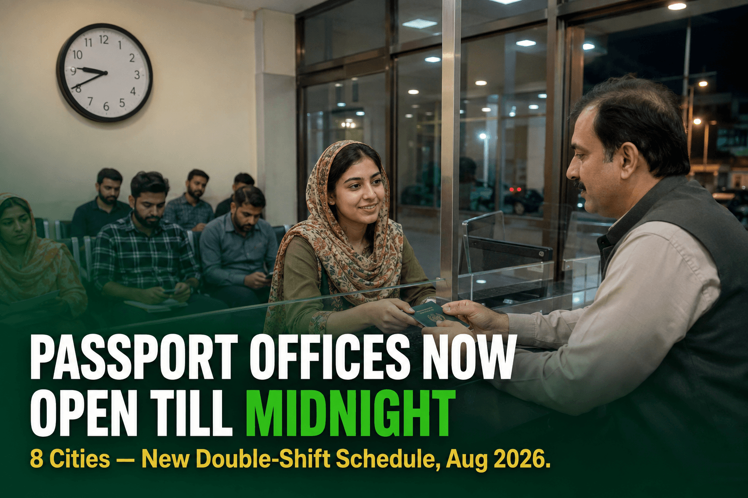 A Pakistani passport office building lit up in the evening with citizens still being served late at night