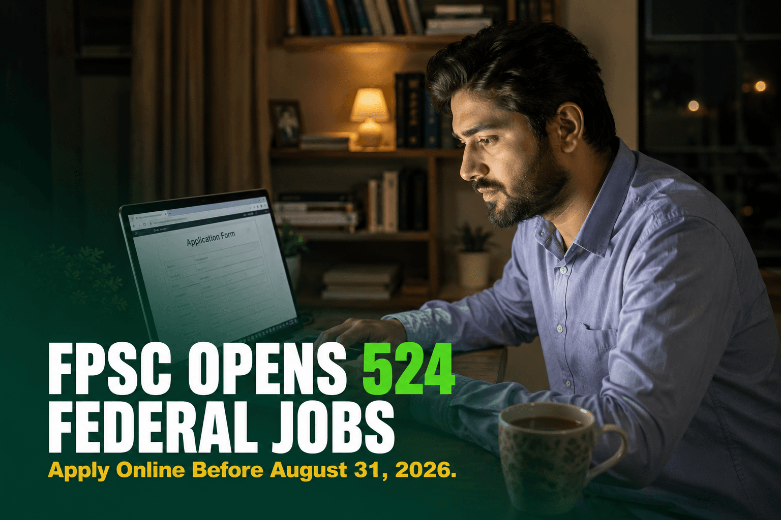 A young Pakistani man filling out a federal government job application on a laptop at home