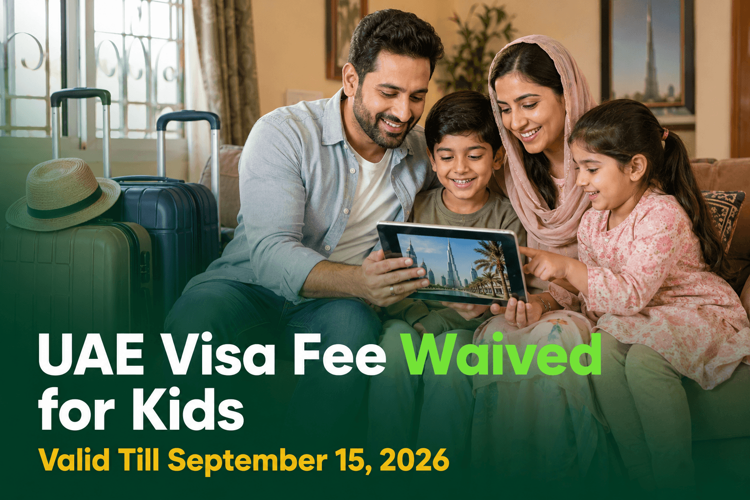 A Pakistani family with young children reviewing UAE travel documents and passports at home