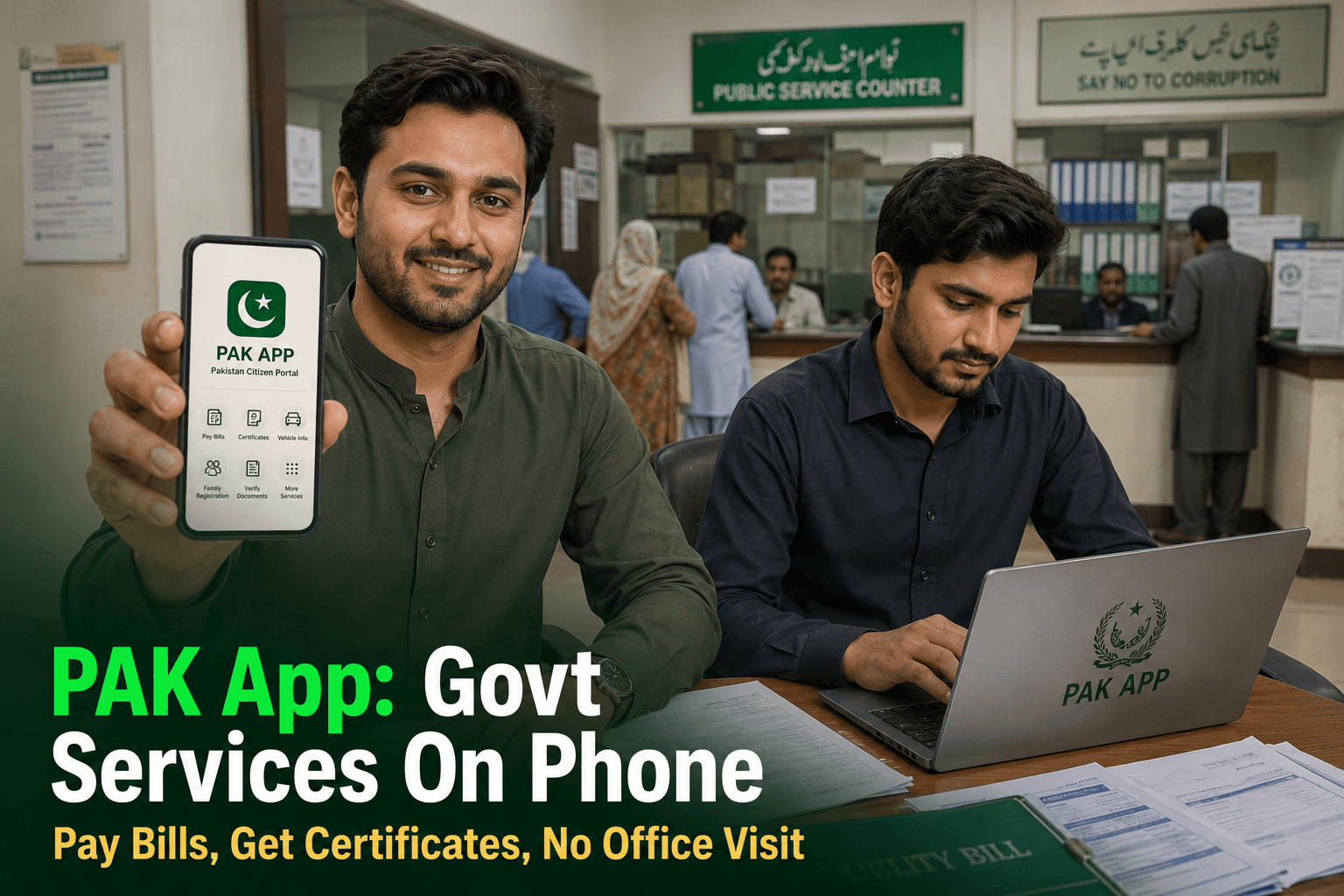 A Pakistani citizen paying a government bill through the PAK App on a smartphone at home