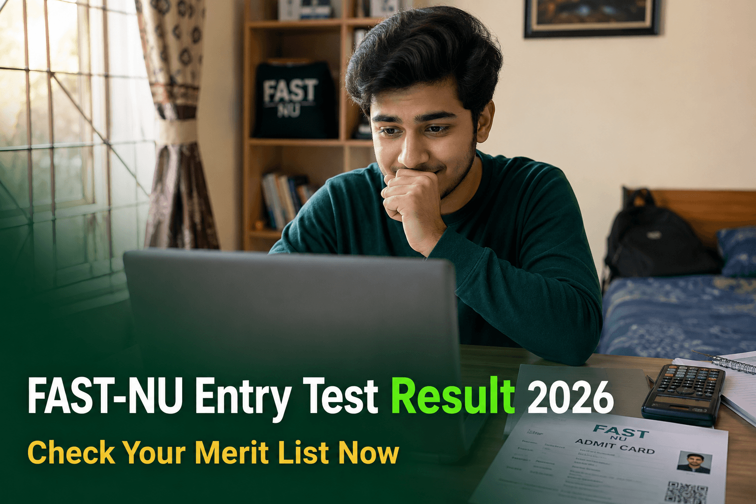 A Pakistani student checking their FAST-NUCES entry test result and merit list on a laptop