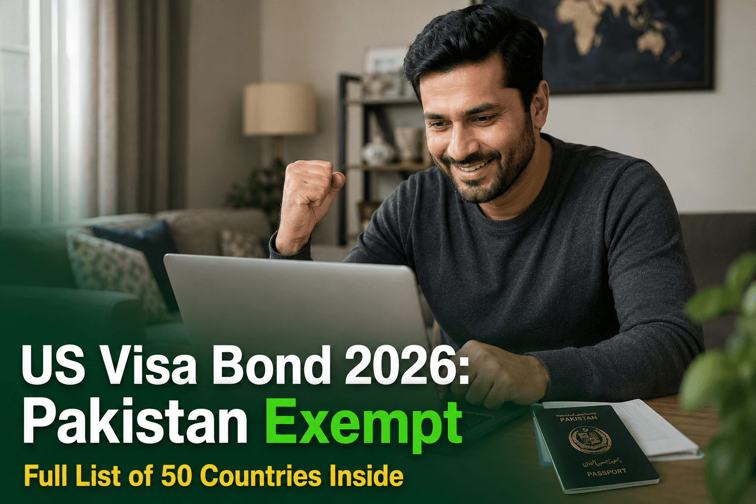 A Pakistani traveler reviewing US visa bond program news and a B1 B2 visa application on a laptop