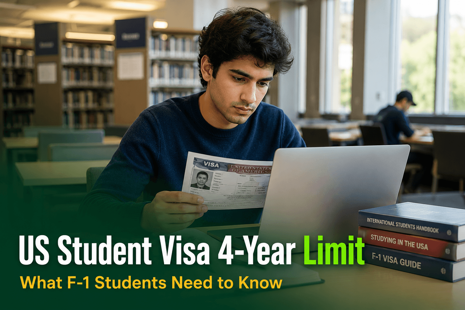 An international student looking concerned while reading a US visa document at a university library