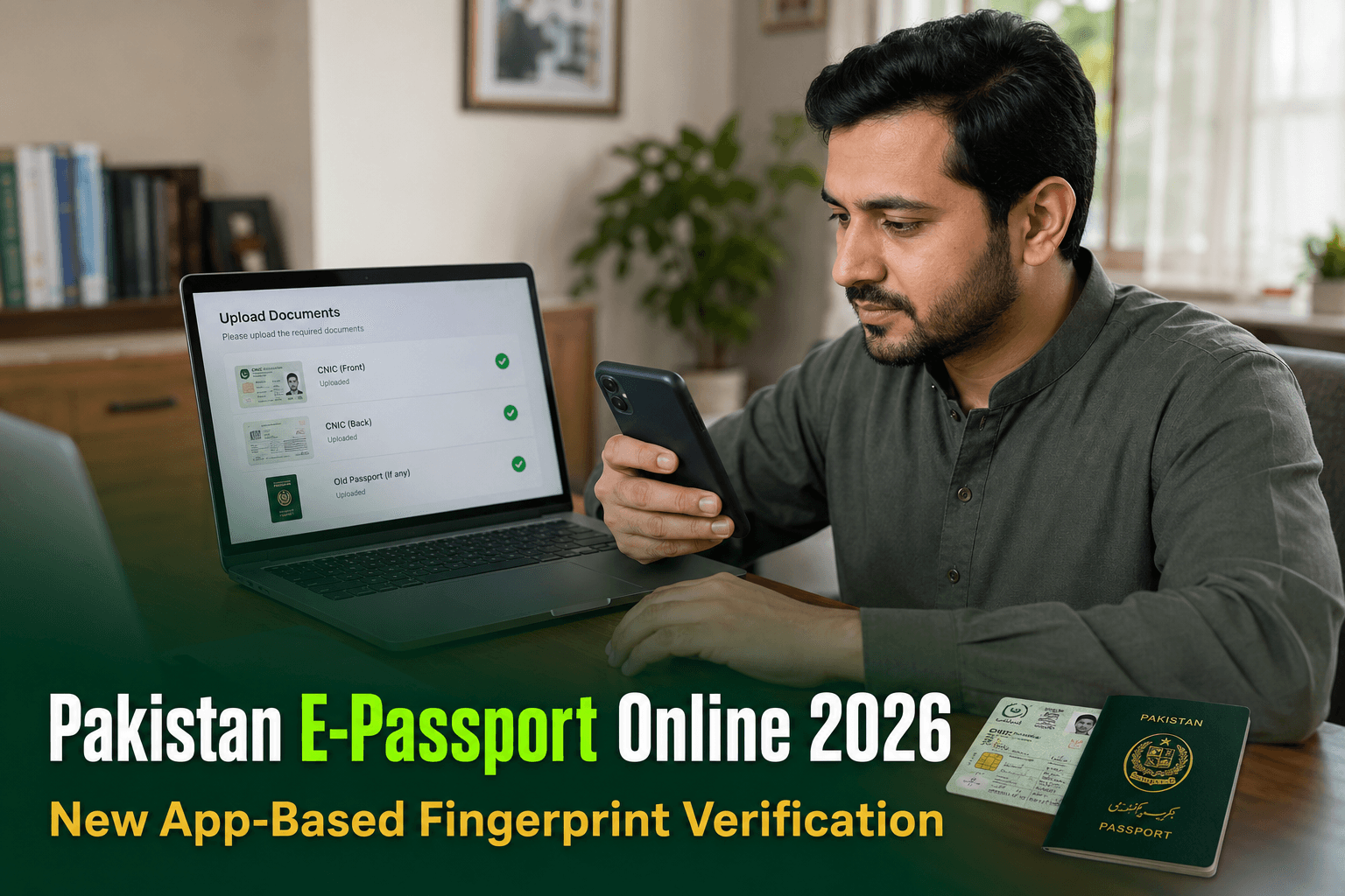 A Pakistani man completing an online e-passport application on a laptop at home