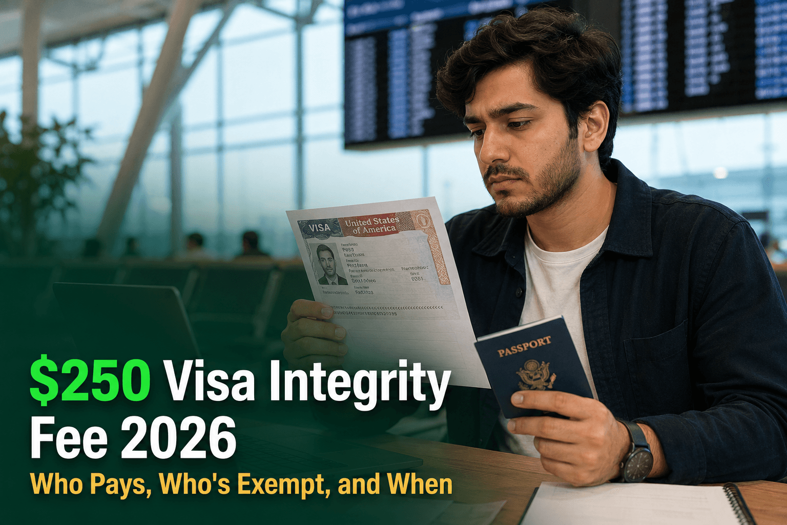 An international traveler reviewing US visa fee documents including the new Visa Integrity Fee