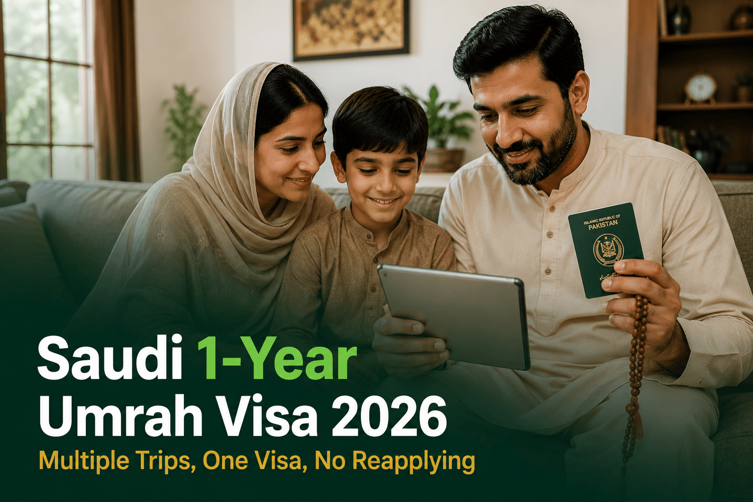 A Pakistani family reviewing Umrah visa travel documents at home with prayer beads nearby