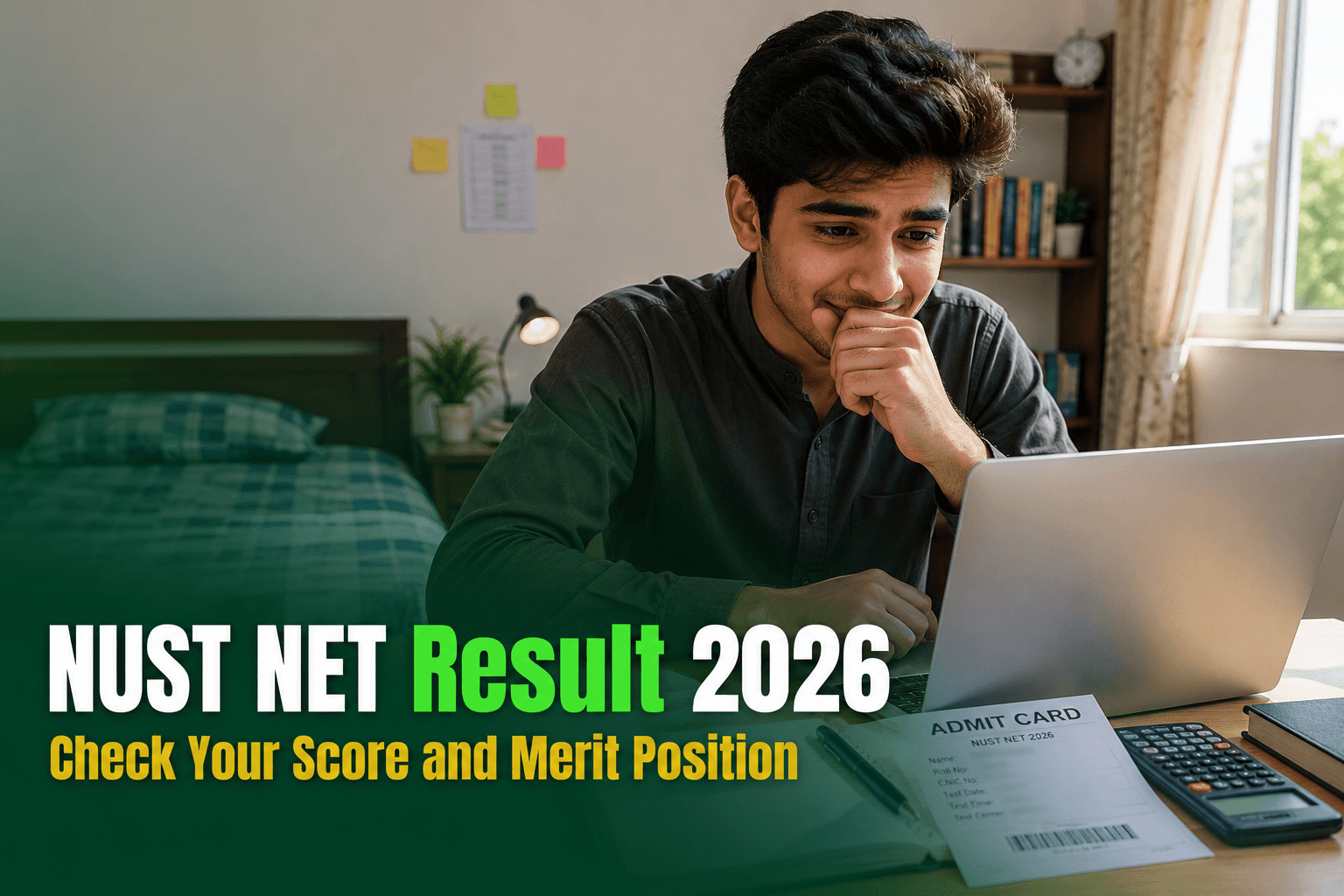 ایک پاکستانی طالب علم گھر میں لیپ ٹاپ پر اپنا NUST NET انٹری ٹیسٹ رزلٹ چیک کر رہا ہے
