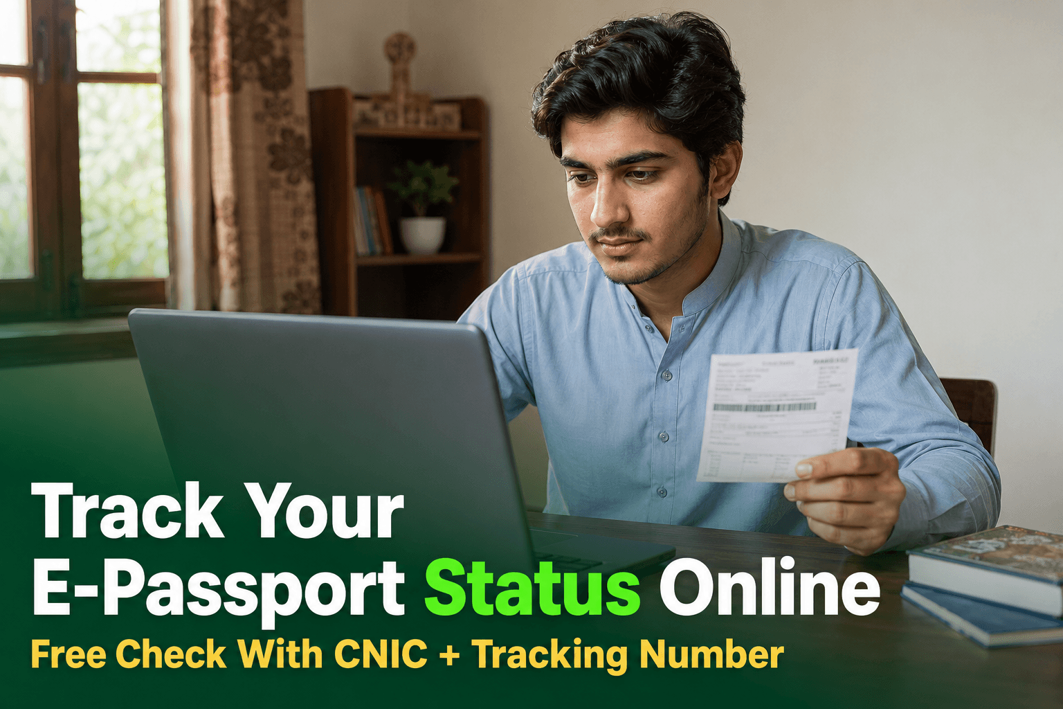 A Pakistani applicant checking e-passport application status on a laptop