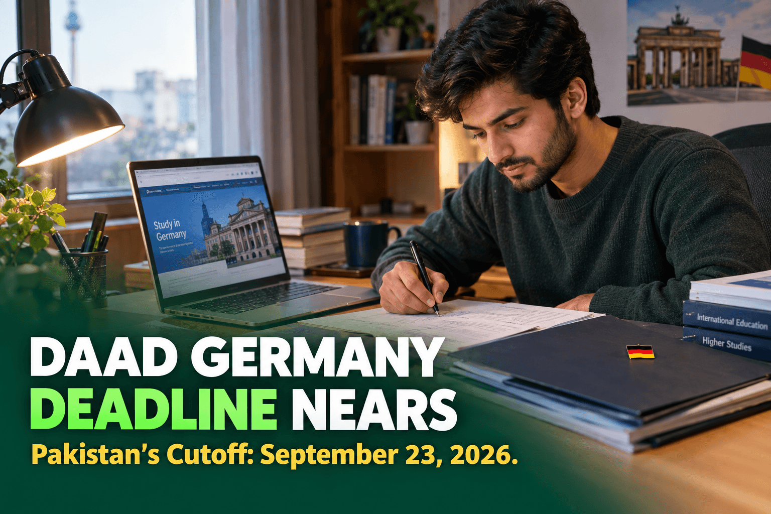 A Pakistani graduate student preparing DAAD scholarship application documents for studying in Germany
