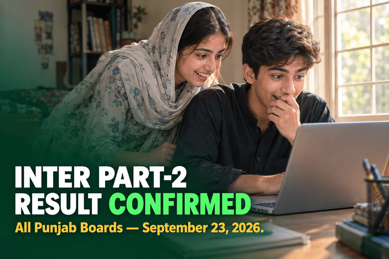 A Pakistani college student checking their Intermediate Part-II result on a laptop