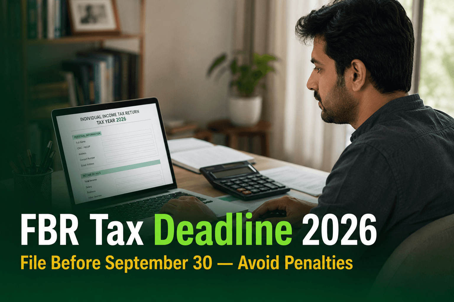 A Pakistani professional filing an income tax return online on a laptop at a home desk