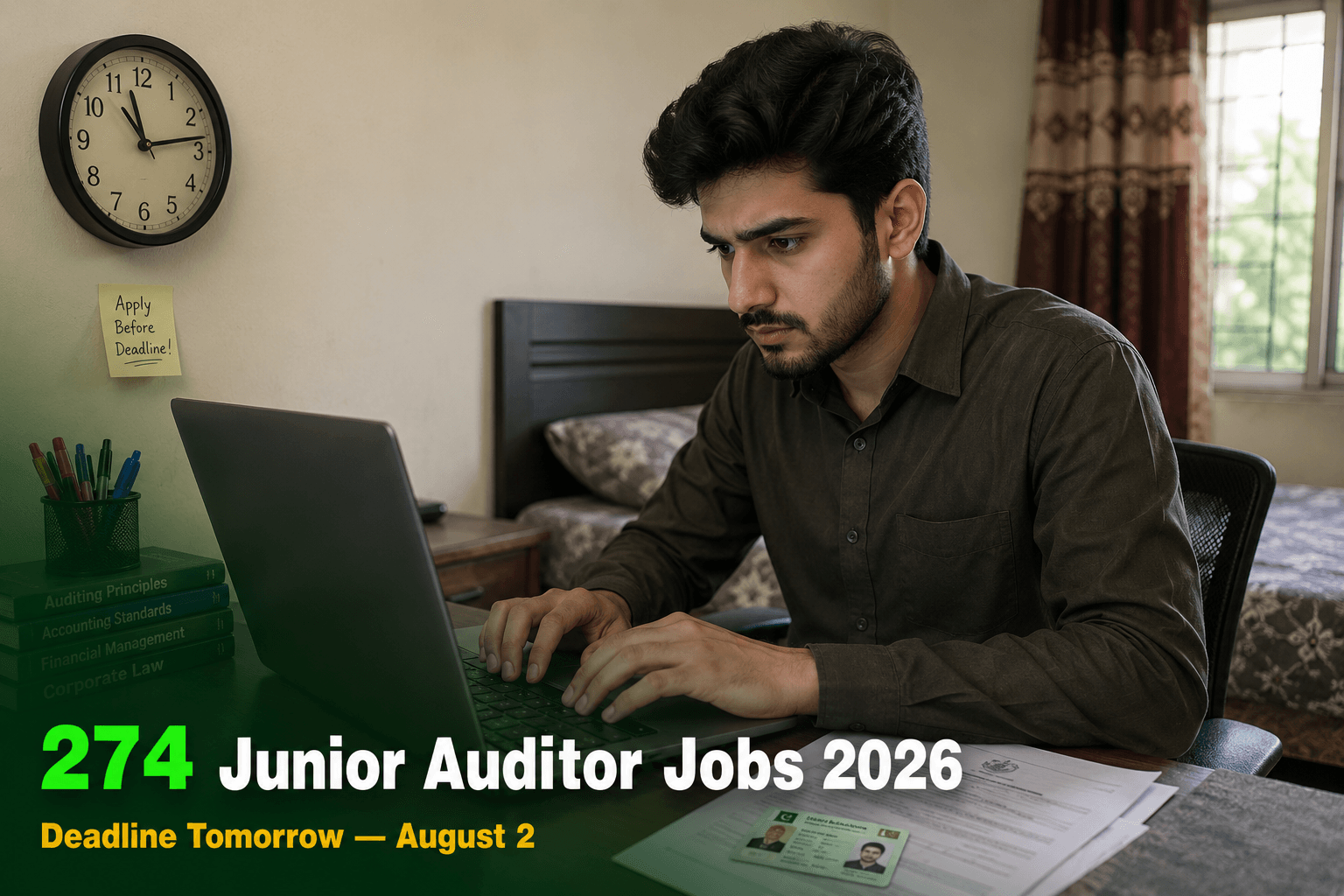 A Pakistani commerce graduate filling out a government job application on a laptop with urgency