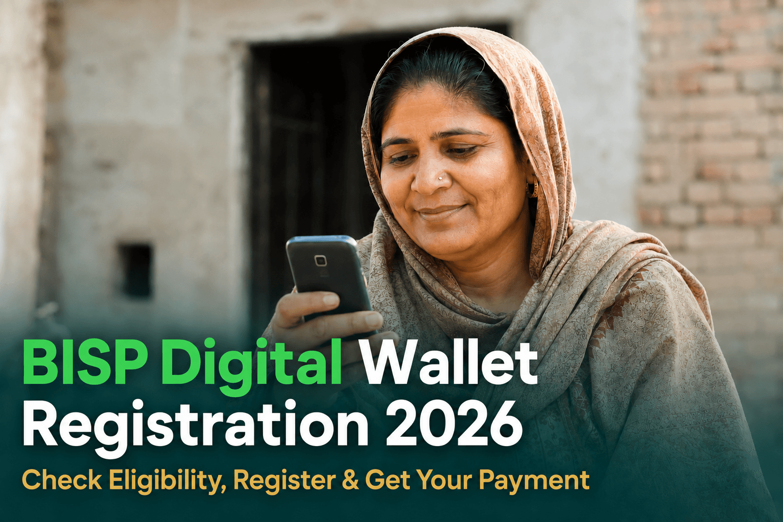 Pakistani woman checking her BISP payment status on a mobile phone through the 8171 SMS service