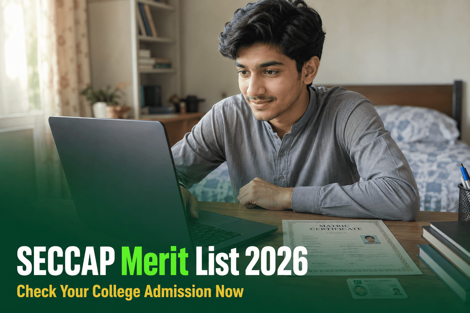 A Sindhi student checking college admission status on a laptop with a Matric certificate nearby